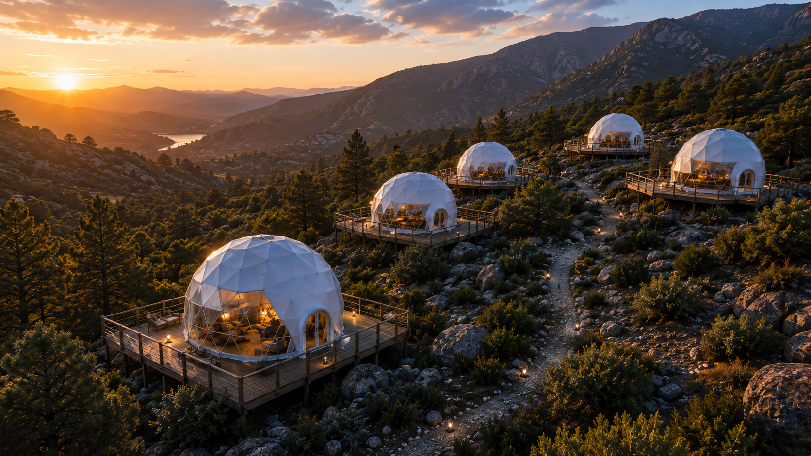 Diseño de glamping con domo geodésico